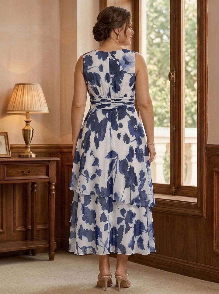 2 Pieces A-Line/Princess Scoop Plus Size Chiffon Mother of the Bride Dresses with Jacket Floral 3/4 Sleeves Tea-Length Ruched Ruffles