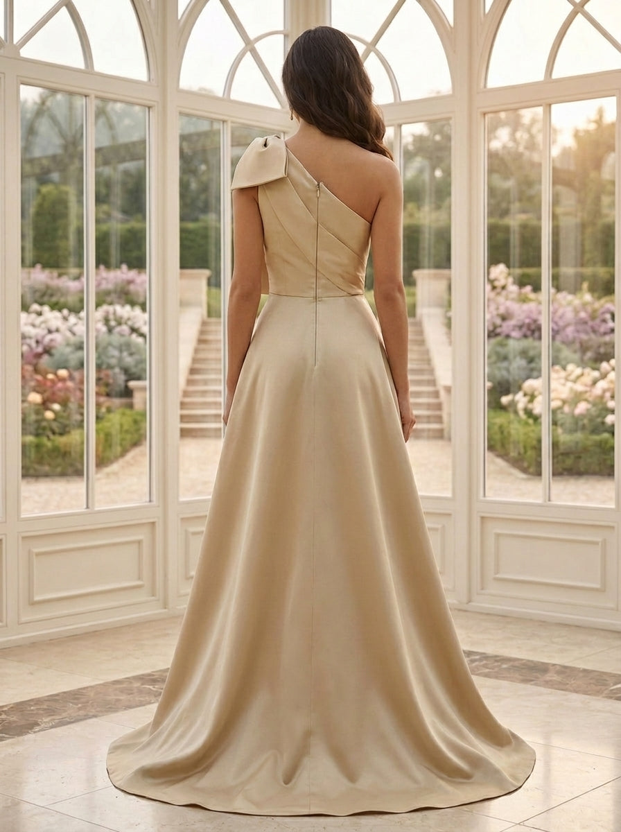 Sheath/Column One-Shoulder Satin Mother of the Bride Dresses with Overskirt Lace Floral Sleeveless Floor-Length Bowknot, Champagne
