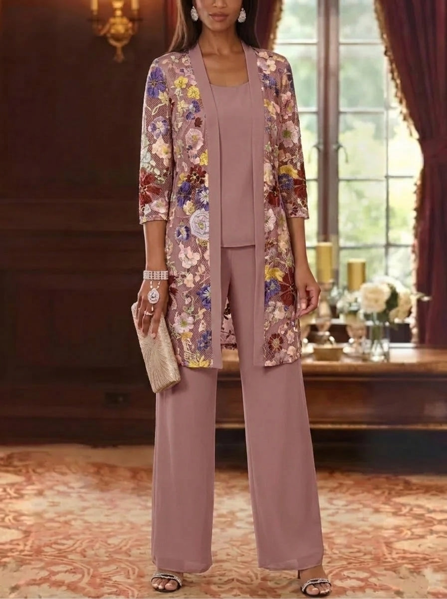 3 Pieces Chiffon Scoop  Mother of the Bride Pantsuits with Jacket Ankle-Length 3/4 Sleeves Lace Floral