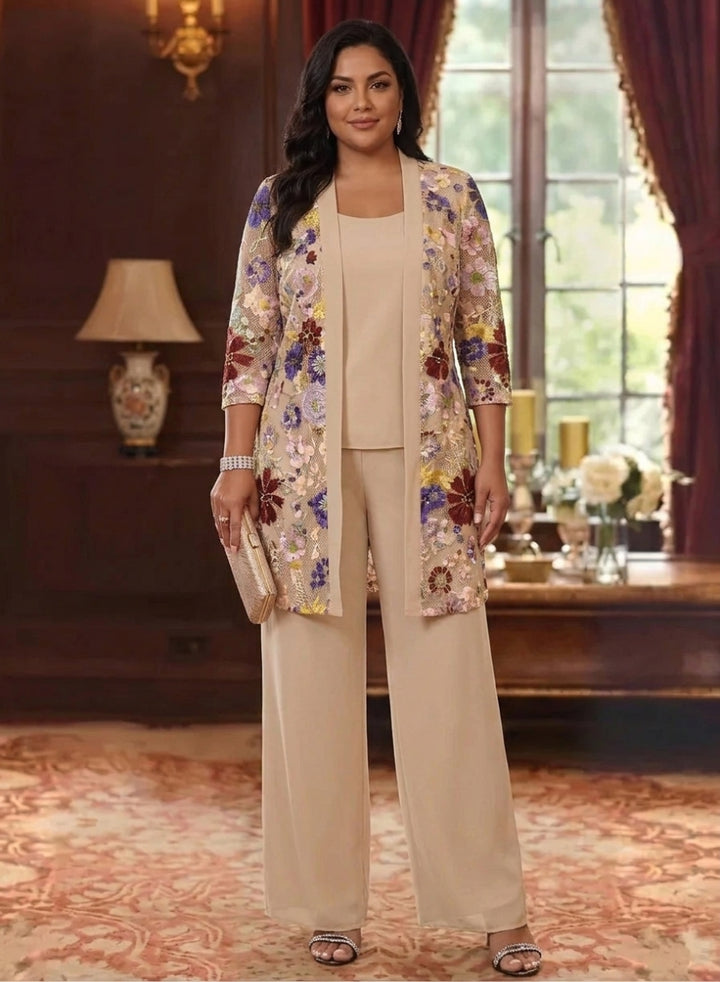 3 Pieces Chiffon Scoop Plus Size Mother of the Bride Pantsuits with Jacket Ankle-Length 3/4 Sleeves Lace Floral
