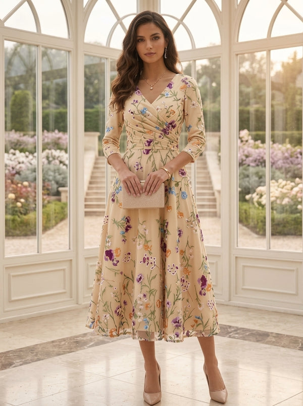 A-Line/Princess V-Neck Lace Floral Mother of the Bride Dresses Tea-Length 3/4 Sleeves Ruched