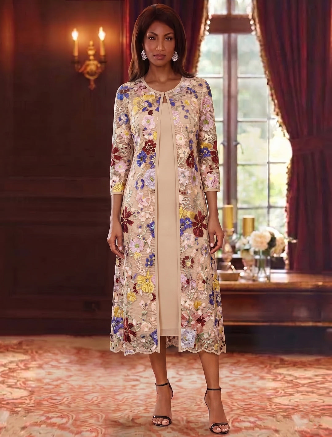 2 Pieces Chiffon Sheath/Column Scoop Mother of the Bride Dresses with Jacket Tea-Length 3/4 Sleeves Lace Floral