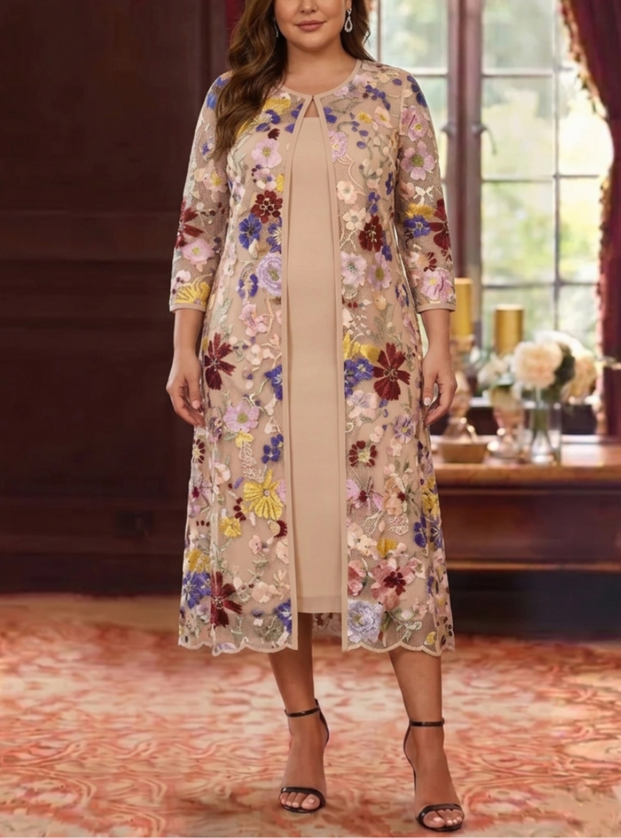 2 Pieces Chiffon Sheath/Column Scoop Plus Size Mother of the Bride Dresses with Jacket Tea-Length 3/4 Sleeves Lace Floral