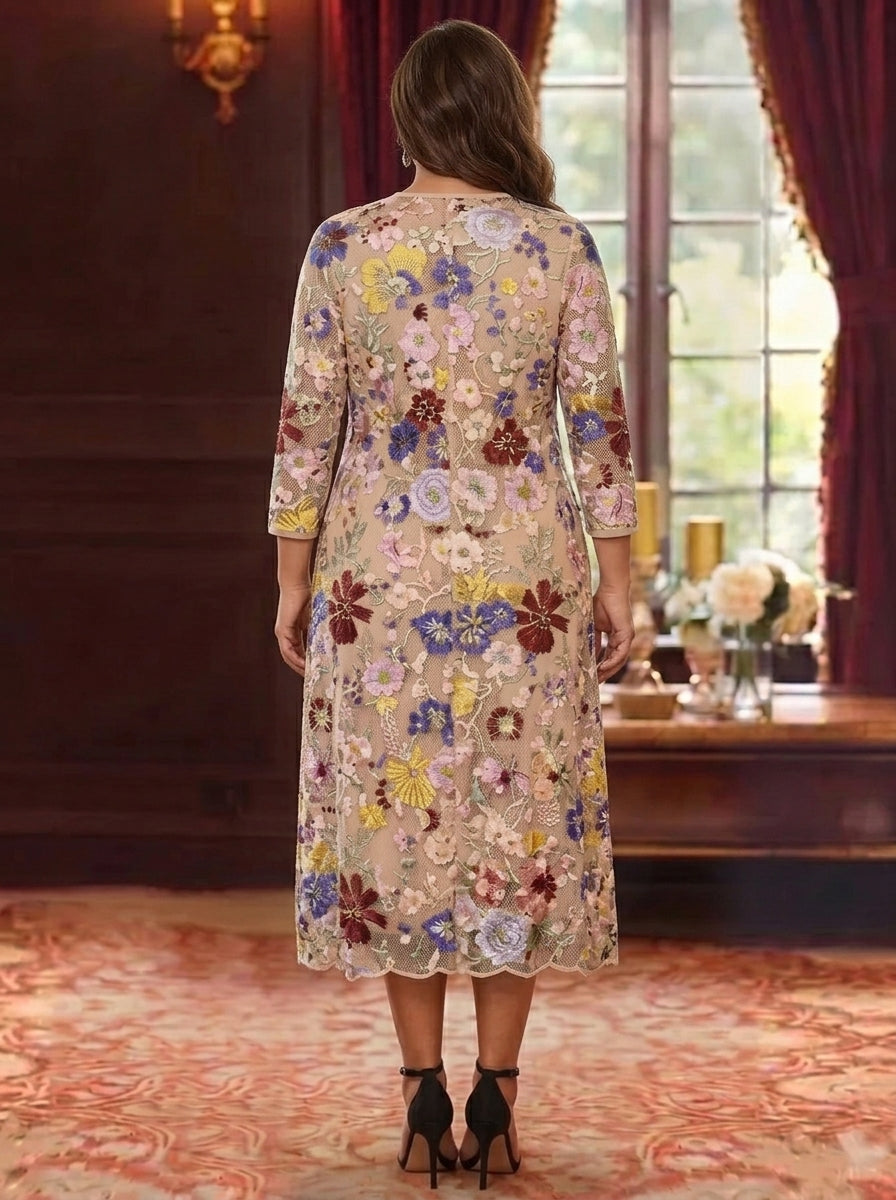 2 Pieces Chiffon Sheath/Column Scoop Plus Size Mother of the Bride Dresses with Jacket Tea-Length 3/4 Sleeves Lace Floral