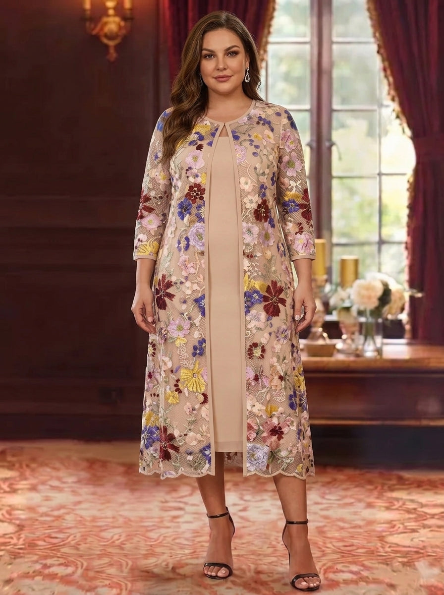 2 Pieces Chiffon Sheath/Column Scoop Plus Size Mother of the Bride Dresses with Jacket Tea-Length 3/4 Sleeves Lace Floral