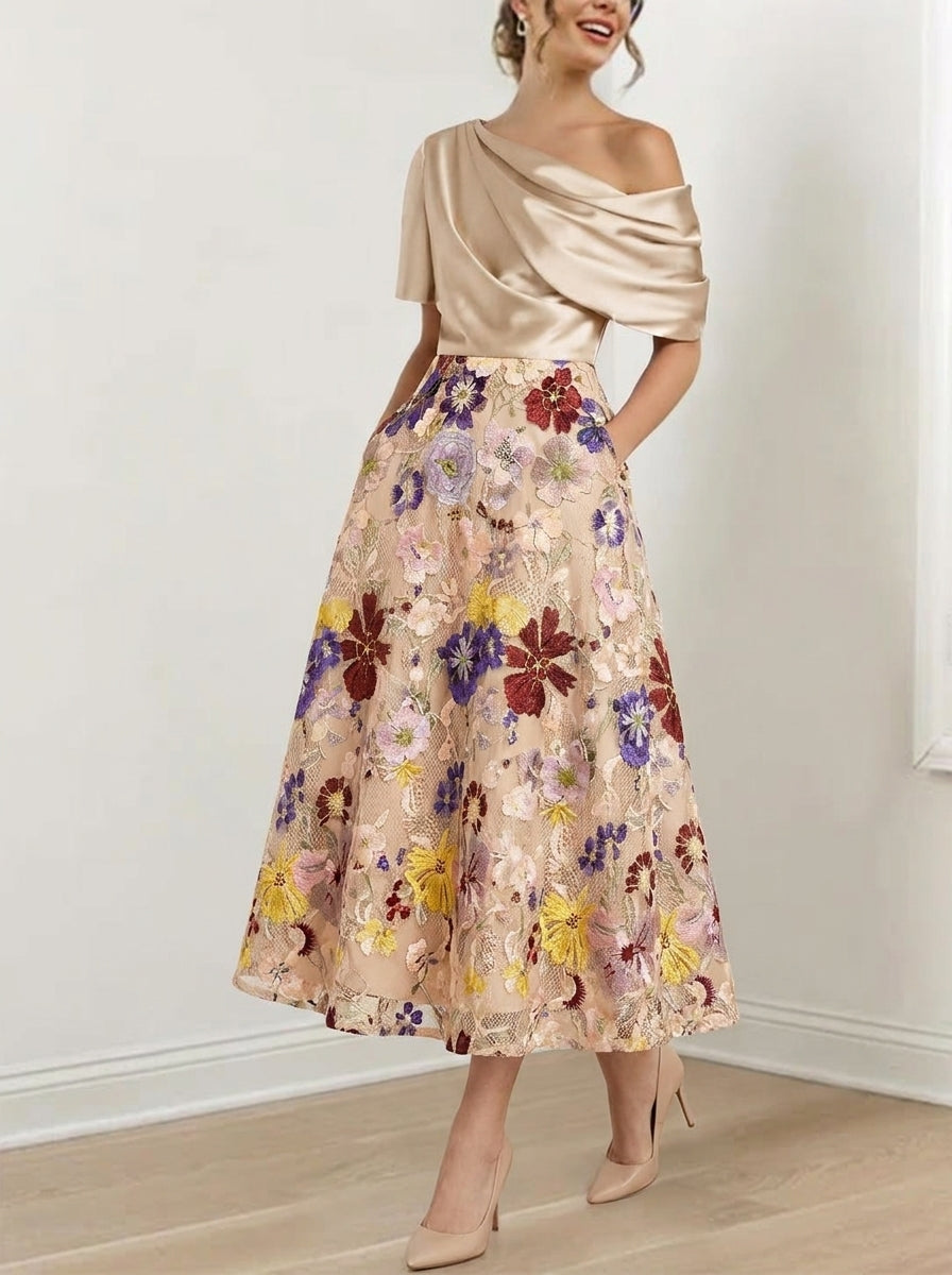 A-Line/Princess Silk Satin One-Shoulder Mother of the Bride Dresses Tea Length Short Sleeves Lace Floral