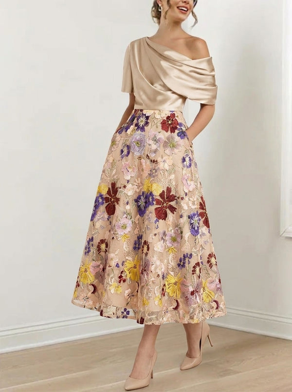 A-Line/Princess Silk Satin One-Shoulder Mother of the Bride Dresses Tea Length Short Sleeves Lace Floral