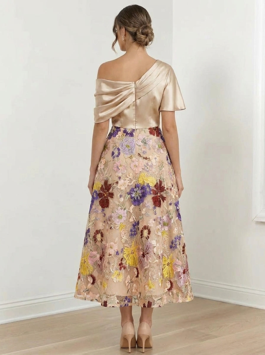 A-Line/Princess Silk Satin One-Shoulder Mother of the Bride Dresses Tea Length Short Sleeves Lace Floral