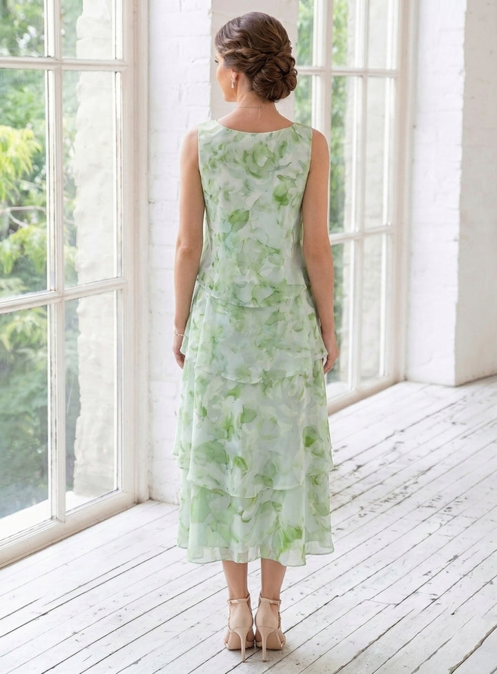2 Pieces A-Line/Princess Scoop Chiffon Mother of the Bride Dresses with Jacket Floral Tea-Length 3/4 Sleeves Ruffles
