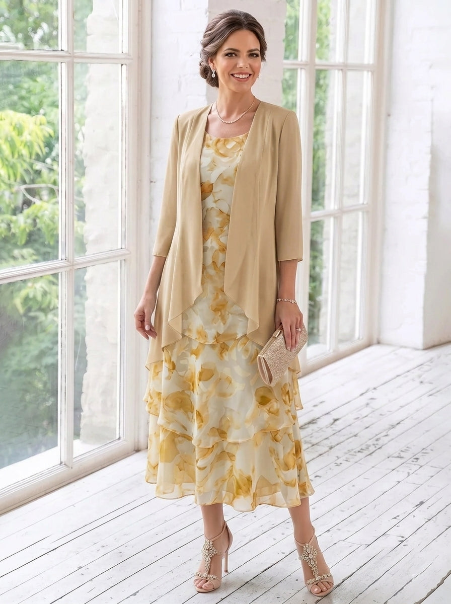 2 Pieces A-Line/Princess Scoop Chiffon Mother of the Bride Dresses with Jacket Floral Tea-Length 3/4 Sleeves Ruffles