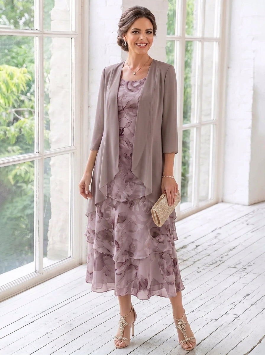 2 Pieces A-Line/Princess Scoop Chiffon Mother of the Bride Dresses with Jacket Floral Tea-Length 3/4 Sleeves Ruffles
