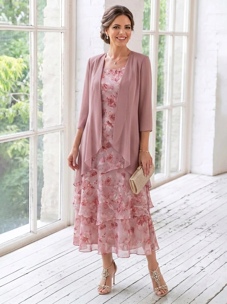 2 Pieces A-Line/Princess Scoop Chiffon Mother of the Bride Dresses with Jacket Floral Tea-Length 3/4 Sleeves Ruffles