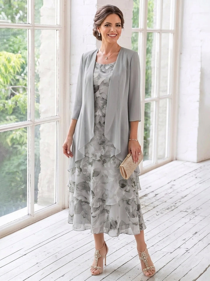 2 Pieces A-Line/Princess Scoop Chiffon Mother of the Bride Dresses with Jacket Floral Tea-Length 3/4 Sleeves Ruffles