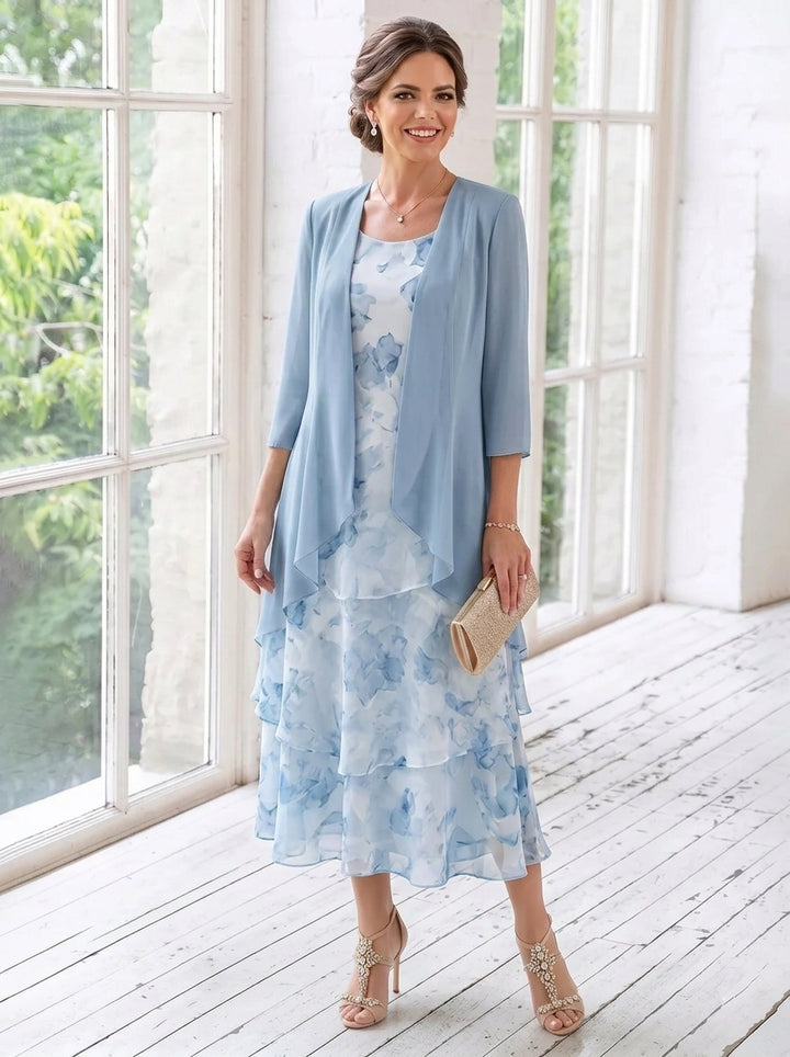 2 Pieces A-Line/Princess Scoop Chiffon Mother of the Bride Dresses with Jacket Floral Tea-Length 3/4 Sleeves Ruffles
