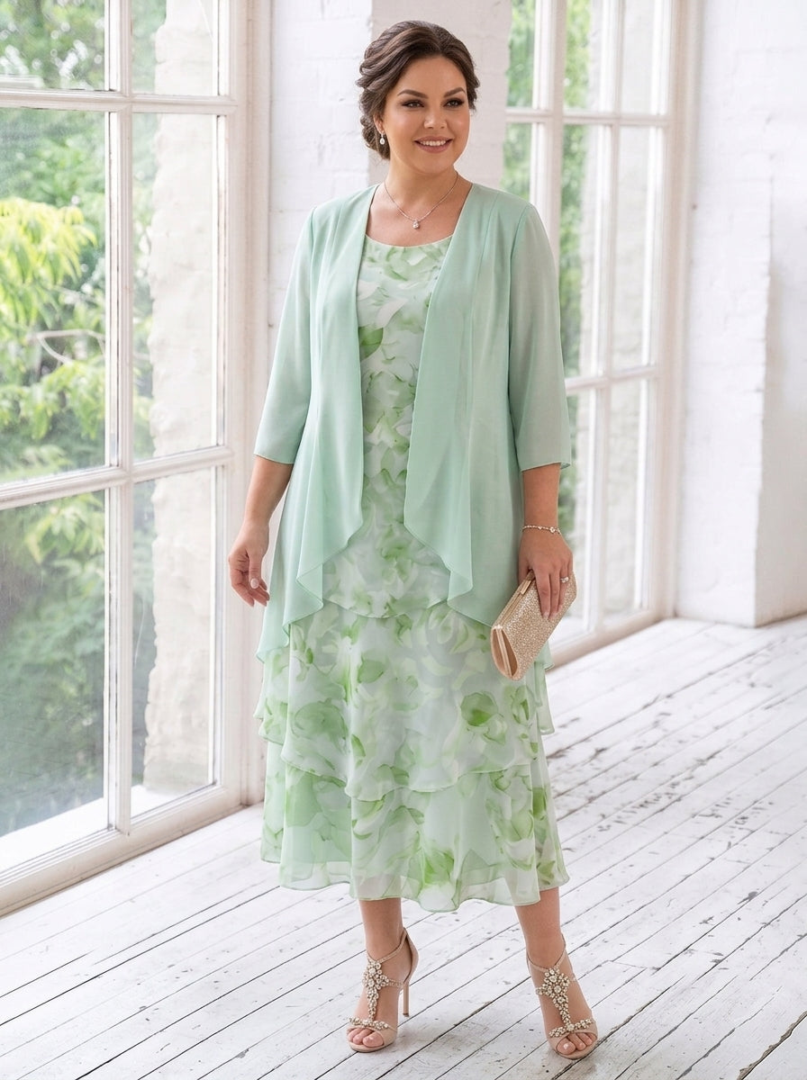 2 Pieces A-Line/Princess Scoop Chiffon Plus Size Mother of the Bride Dresses with Jacket Floral Tea-Length 3/4 Sleeves Ruffles