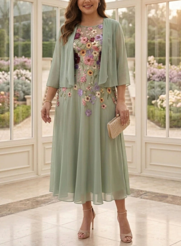 2 Pieces Chiffon A-Line/Princess Scoop Plus Size Mother of the Bride Dresses with Jacket Tea-Length 3/4 Sleeves Lace Floral