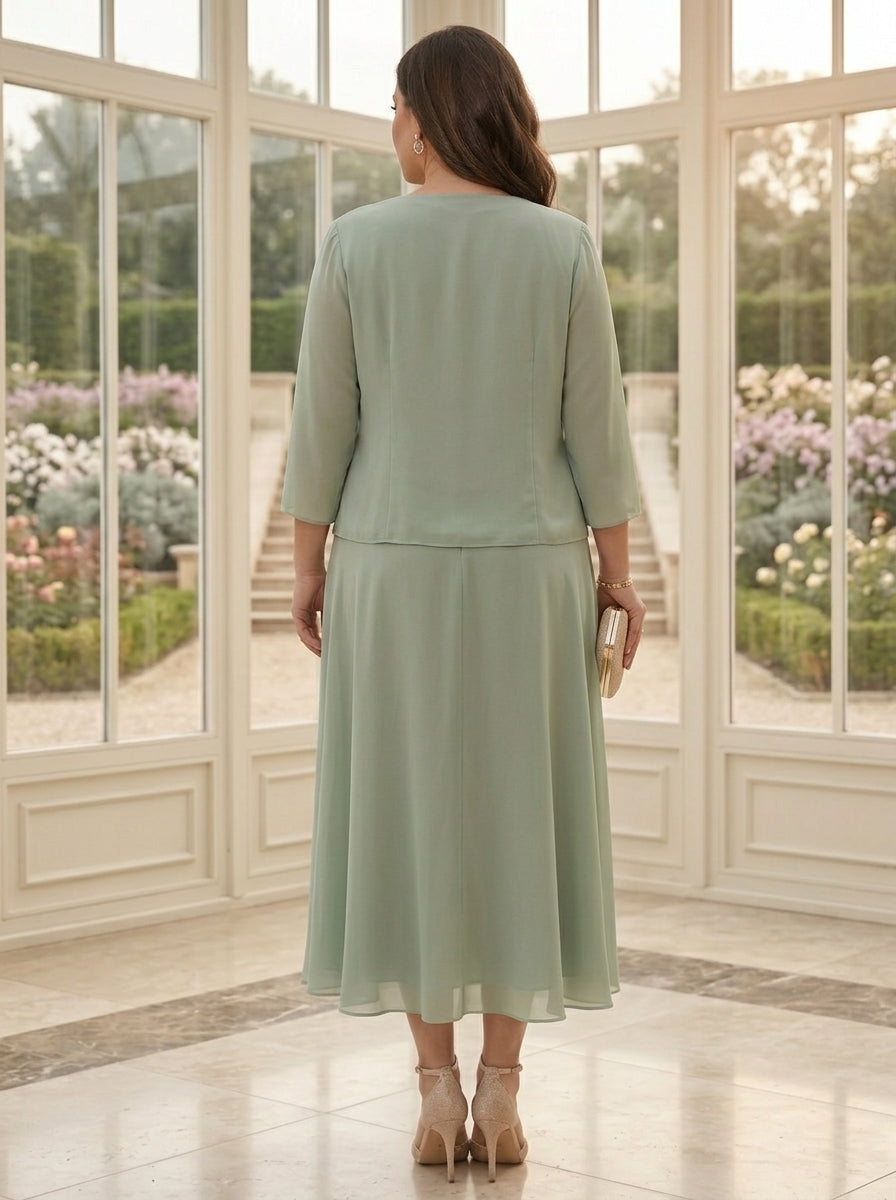 2 Pieces Chiffon A-Line/Princess Scoop Plus Size Mother of the Bride Dresses with Jacket Tea-Length 3/4 Sleeves Lace Floral