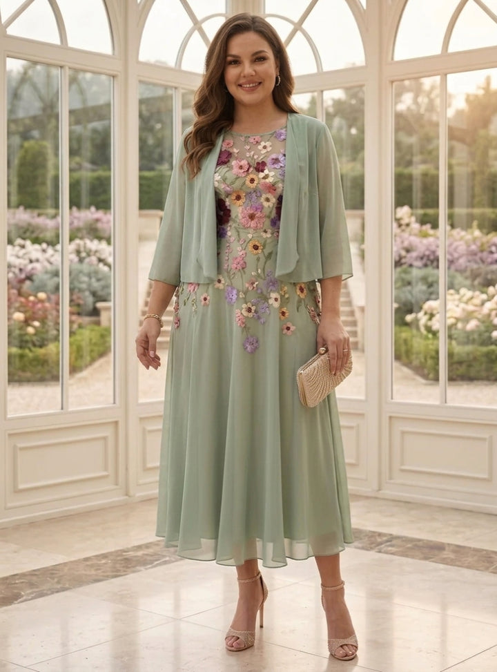 2 Pieces Chiffon A-Line/Princess Scoop Plus Size Mother of the Bride Dresses with Jacket Tea-Length 3/4 Sleeves Lace Floral