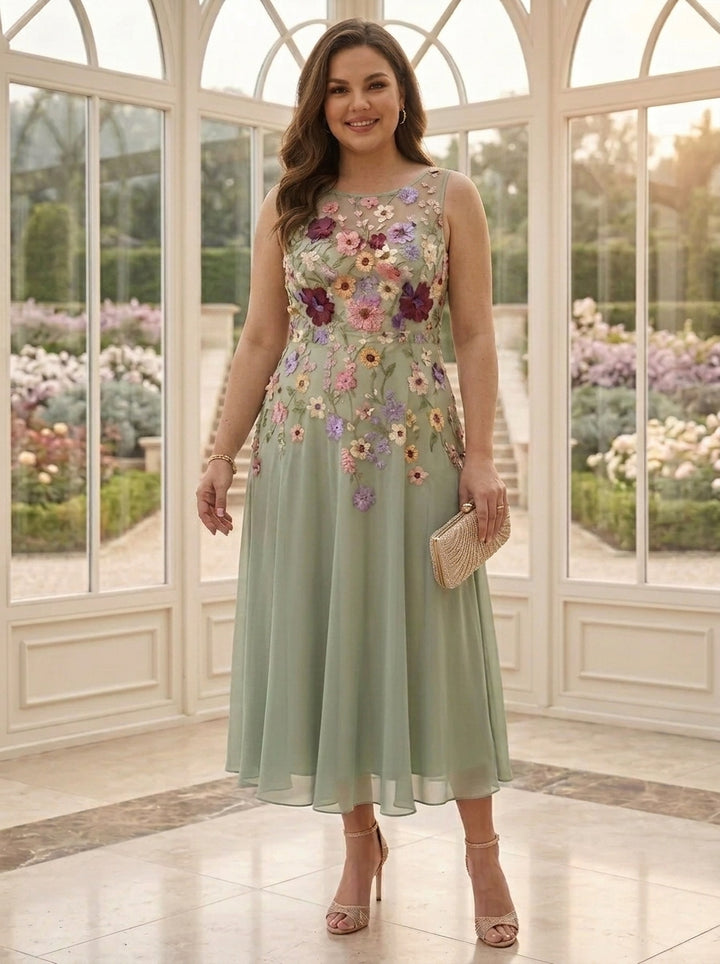 2 Pieces Chiffon A-Line/Princess Scoop Plus Size Mother of the Bride Dresses with Jacket Tea-Length 3/4 Sleeves Lace Floral