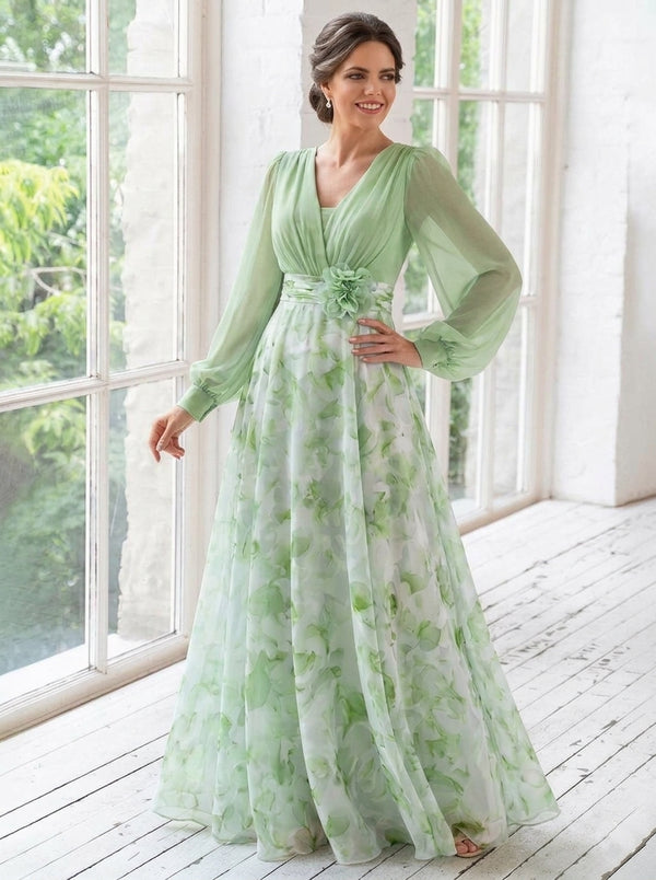 A-Line/Princess V-Neck Chiffon Mother of the Bride Dresses with 3D Flower Floral Floor-Length Long Sleeves Ruched