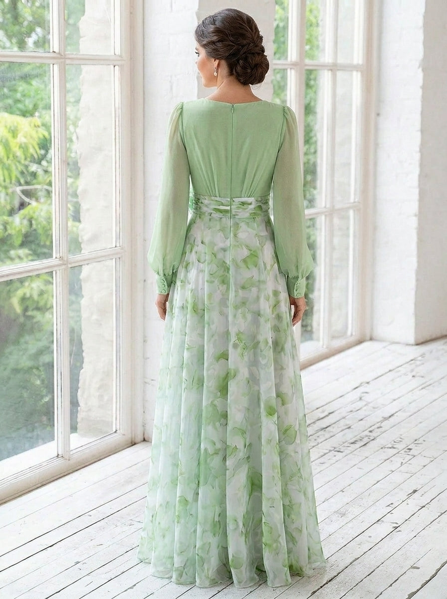 A-Line/Princess V-Neck Chiffon Mother of the Bride Dresses with 3D Flower Floral Floor-Length Long Sleeves Ruched