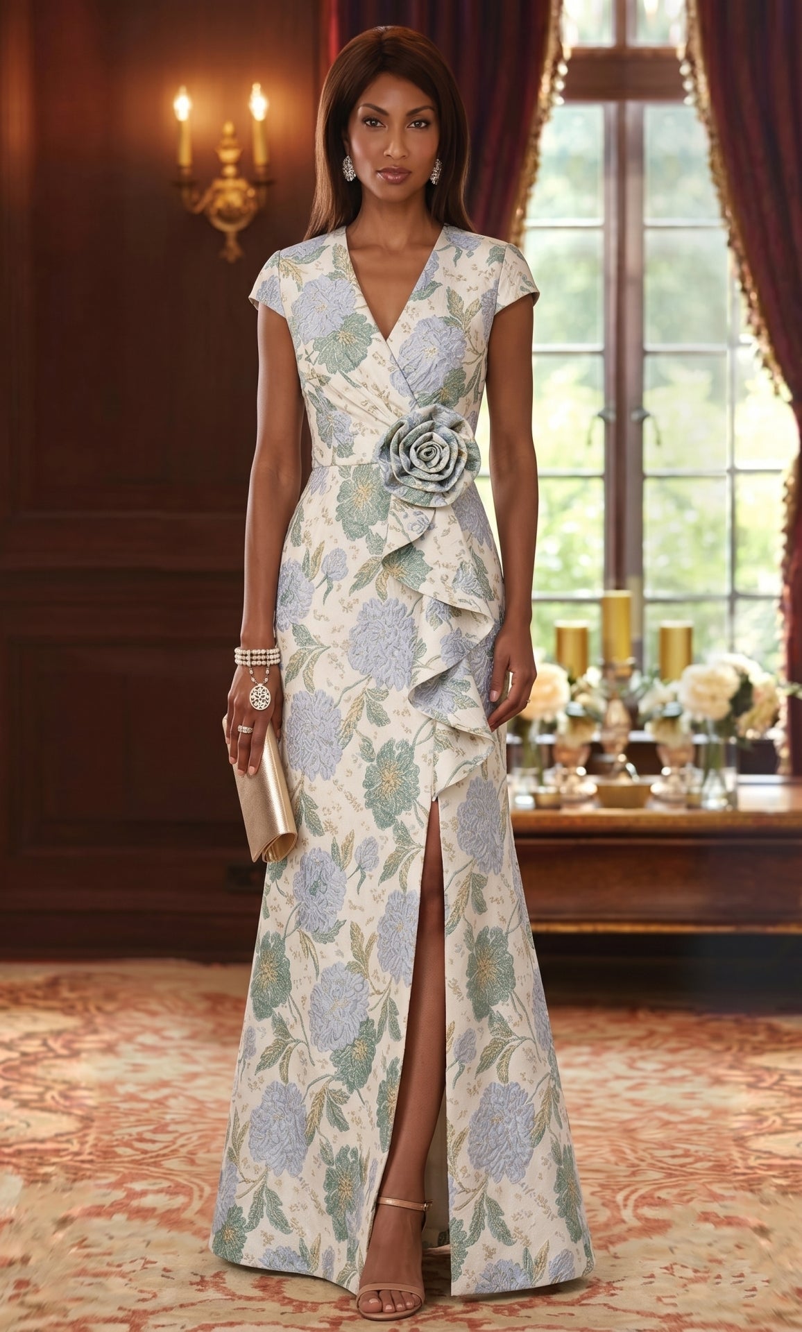 Sheath/Column V-Neck Jacquard Mother of the Bride Dresses with 3D