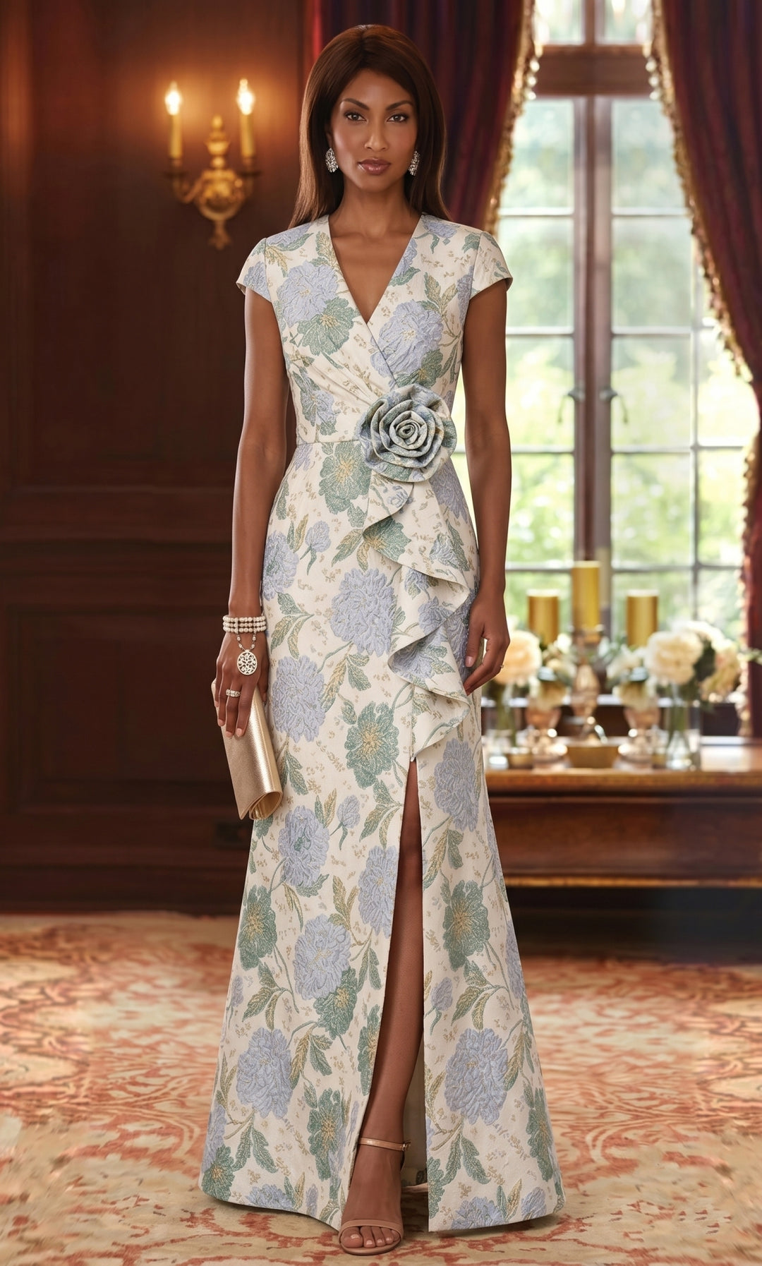Sheath/Column V-Neck Jacquard Mother of the Bride Dresses with 3D Flower Floral Floor-Length Cap Sleeves Ruffles Fuchsia