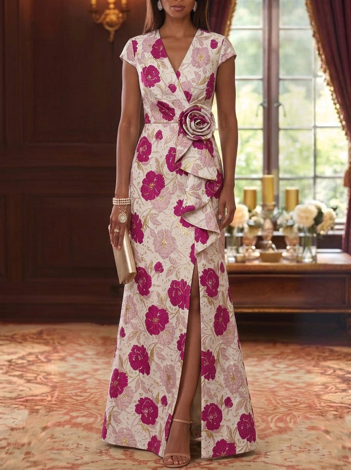 Sheath/Column V-Neck Jacquard Mother of the Bride Dresses with 3D Flower Floral Floor-Length Cap Sleeves Ruffles