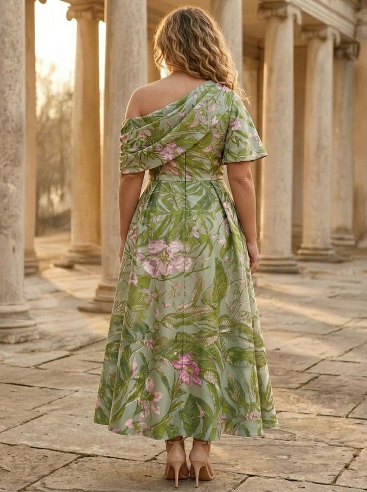 one shoulder plus size floral dress Firerie Plus Size Women Floral Print Pleated One Shoulder Fashion Date Party Dress