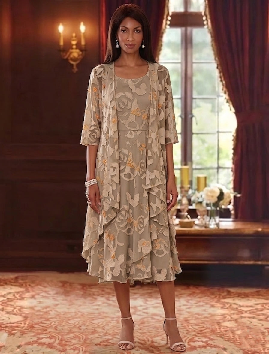 2 Pieces A-Line/Princess Scoop Chiffon Lace Mother of the Bride Dresses with Jacket Floral Tea-Length 3/4 Sleeves Ruffles