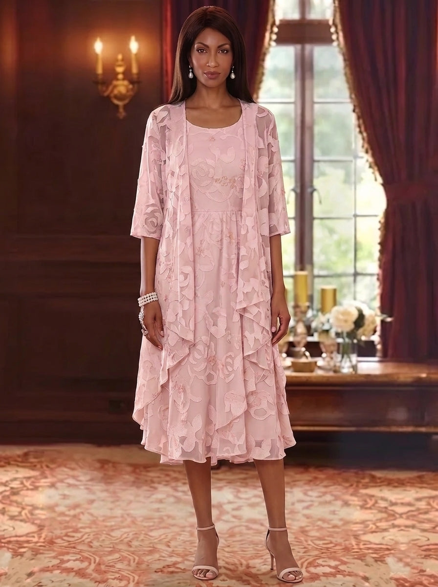 2 Pieces A-Line/Princess Scoop Chiffon Lace Mother of the Bride Dresses with Jacket Floral Tea-Length 3/4 Sleeves Ruffles