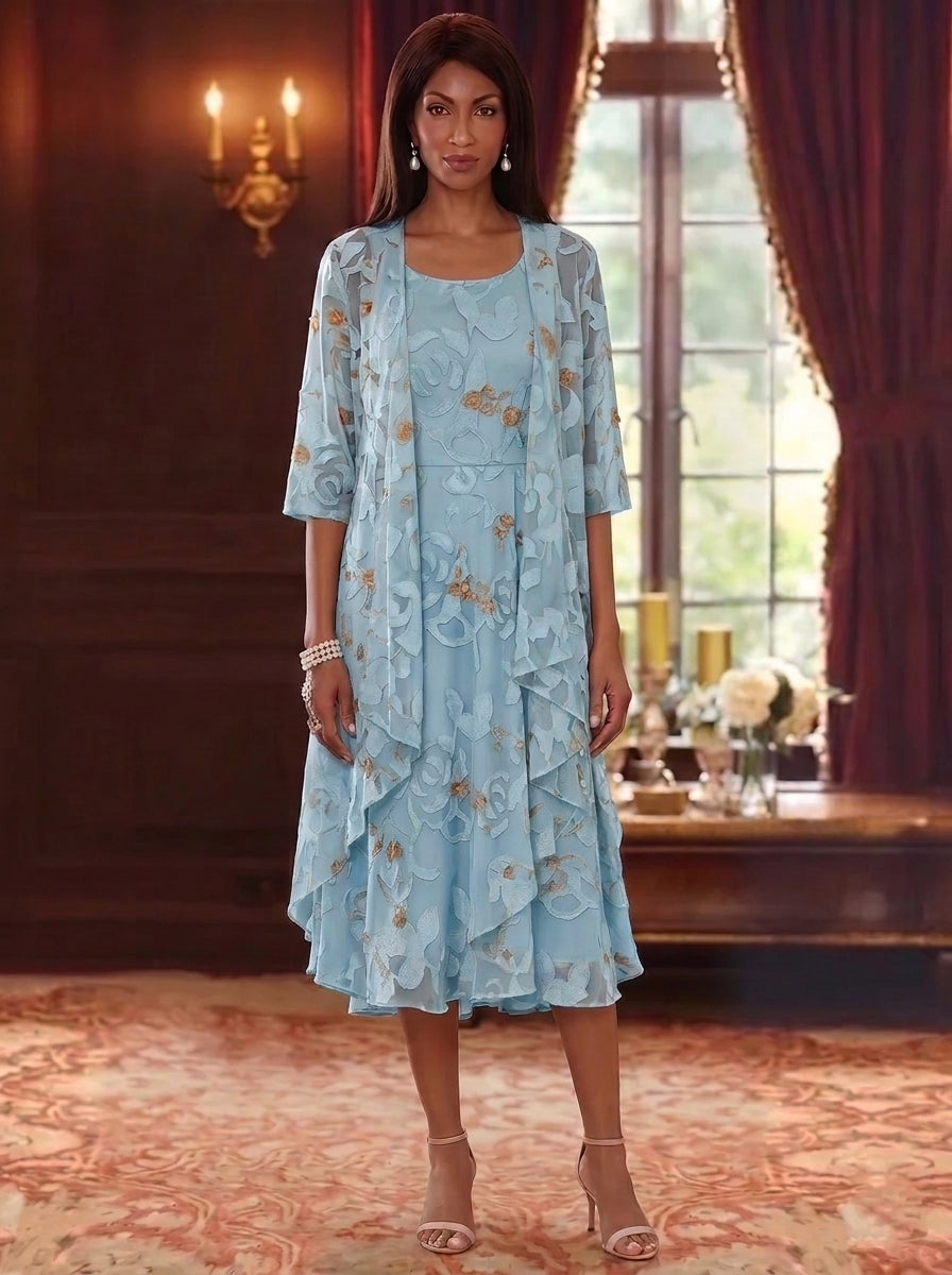 2 Pieces A-Line/Princess Scoop Chiffon Lace Mother of the Bride Dresses with Jacket Floral Tea-Length 3/4 Sleeves Ruffles