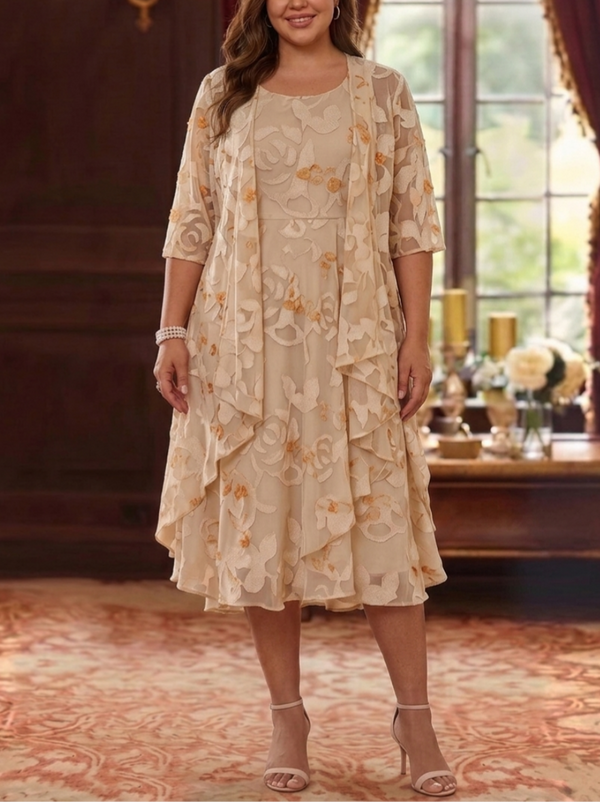2 Pieces A-Line/Princess Scoop Chiffon Lace Plus Size Mother of the Bride Dresses with Jacket Floral Tea-Length 3/4 Sleeves Ruffles
