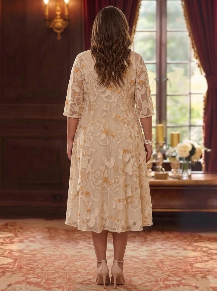 2 Pieces A-Line/Princess Scoop Chiffon Lace Plus Size Mother of the Bride Dresses with Jacket Floral Tea-Length 3/4 Sleeves Ruffles