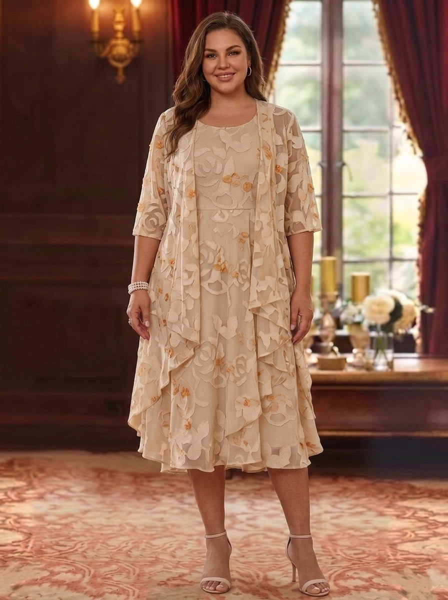 2 Pieces A-Line/Princess Scoop Chiffon Lace Plus Size Mother of the Bride Dresses with Jacket Floral Tea-Length 3/4 Sleeves Ruffles