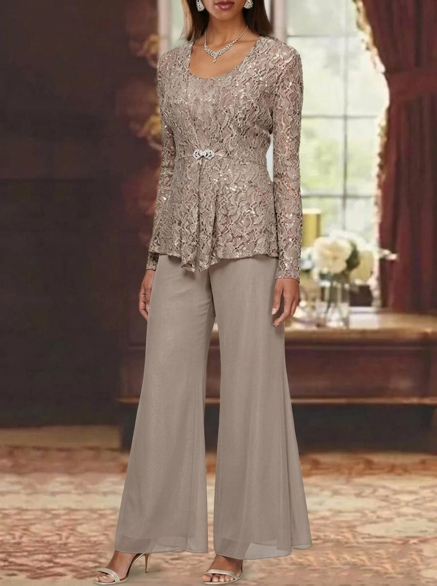 3 Pieces Scoop Lace Mother of the Bride Pantsuits with Jacket Long