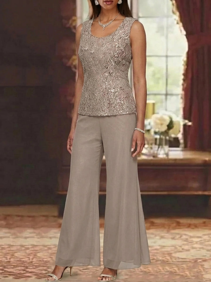 3 Pieces Scoop Lace Mother of the Bride Pantsuits with Jacket Long Sleeves Ankle-Length