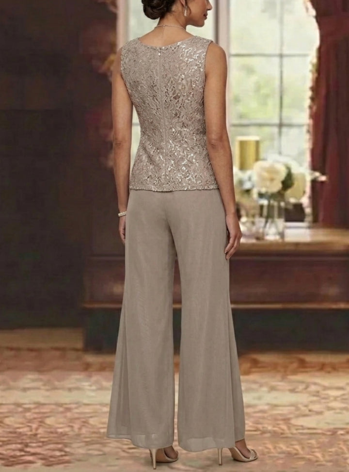 3 Pieces Scoop Lace Mother of the Bride Pantsuits with Jacket Long Sleeves Ankle-Length