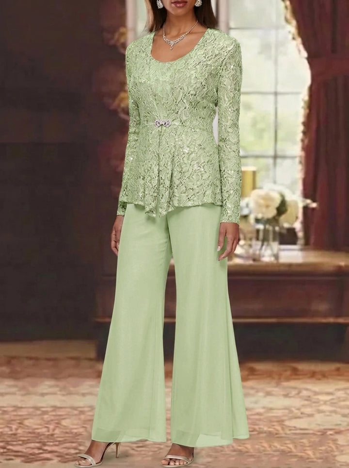 3 Pieces Scoop Lace Mother of the Bride Pantsuits with Jacket Long Sleeves Ankle-Length