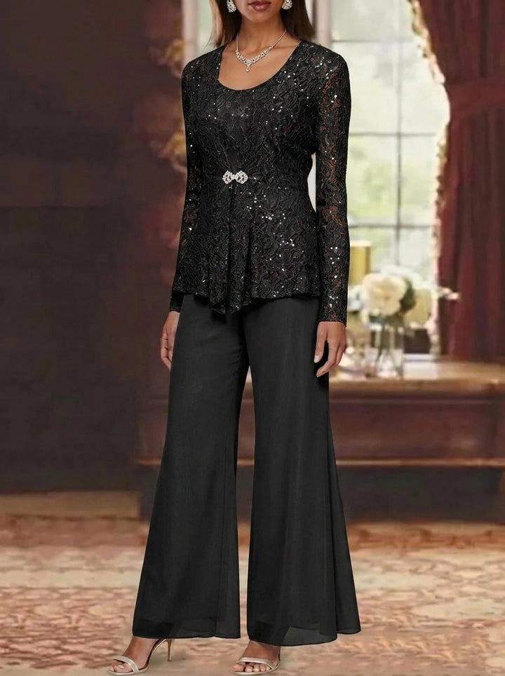 3 Pieces Scoop Lace Mother of the Bride Pantsuits with Jacket Long Sleeves Ankle-Length