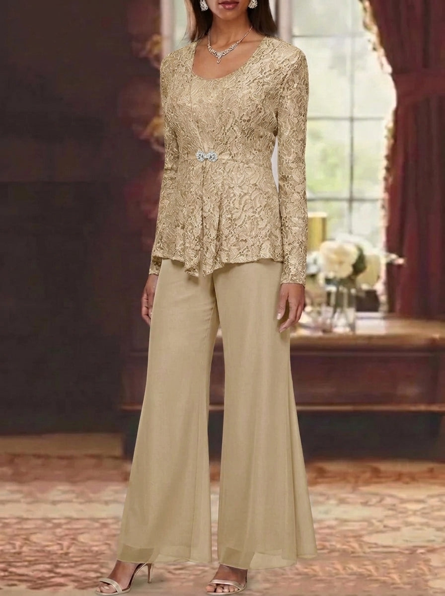 3 Pieces Scoop Lace Mother of the Bride Pantsuits with Jacket Long Sleeves Ankle-Length
