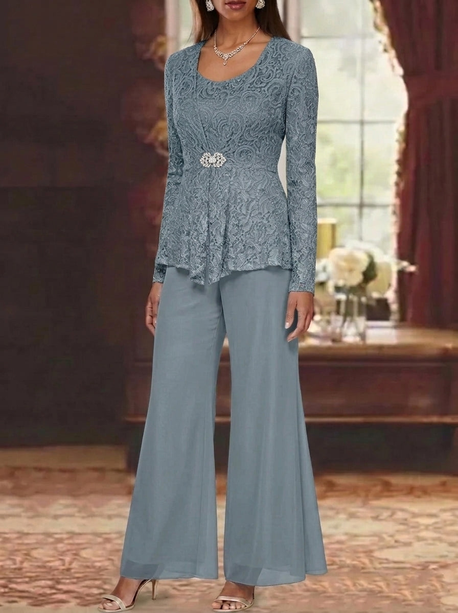 3 Pieces Scoop Lace Mother of the Bride Pantsuits with Jacket Long Sleeves Ankle-Length