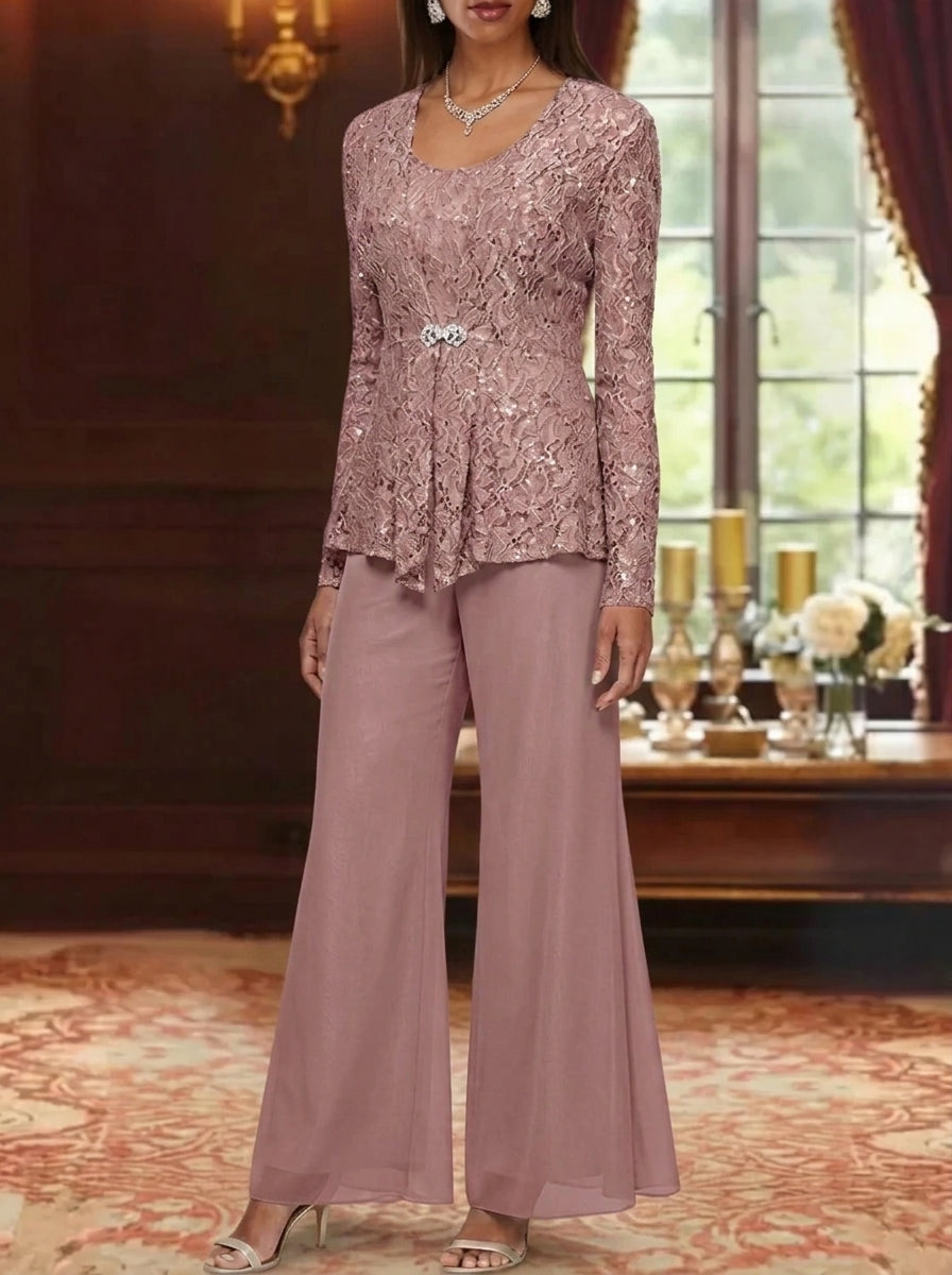 3 Pieces Scoop Lace Mother of the Bride Pantsuits with Jacket Long Sleeves Ankle-Length