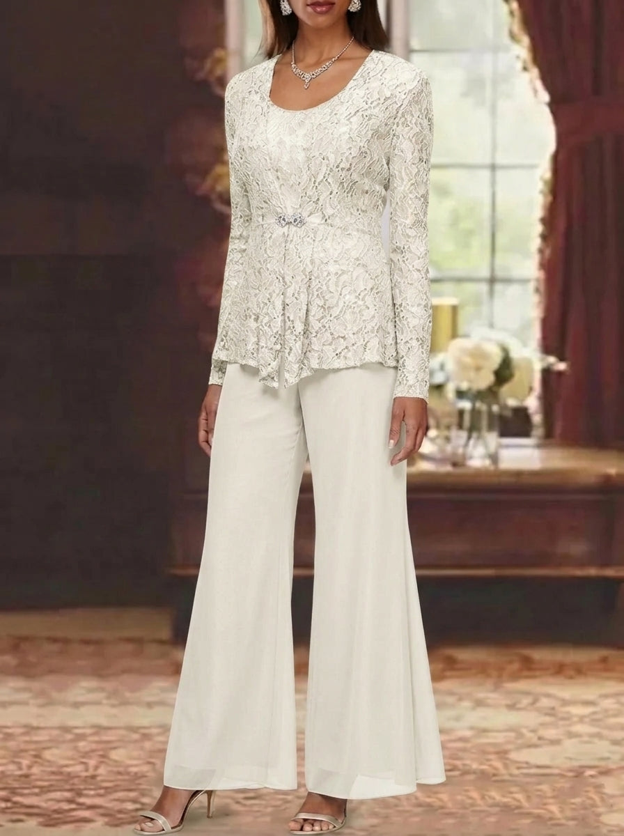 3 Pieces Scoop Lace Mother of the Bride Pantsuits with Jacket Long Sleeves Ankle-Length