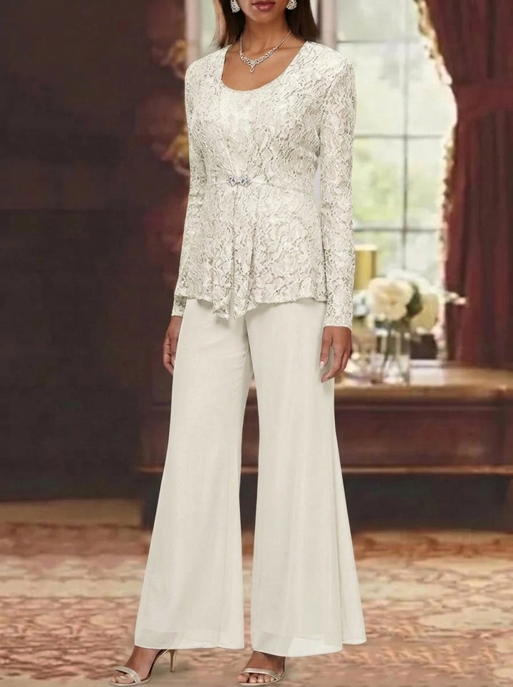 3 Pieces Scoop Lace Mother of the Bride Pantsuits with Jacket Long Sleeves Ankle-Length