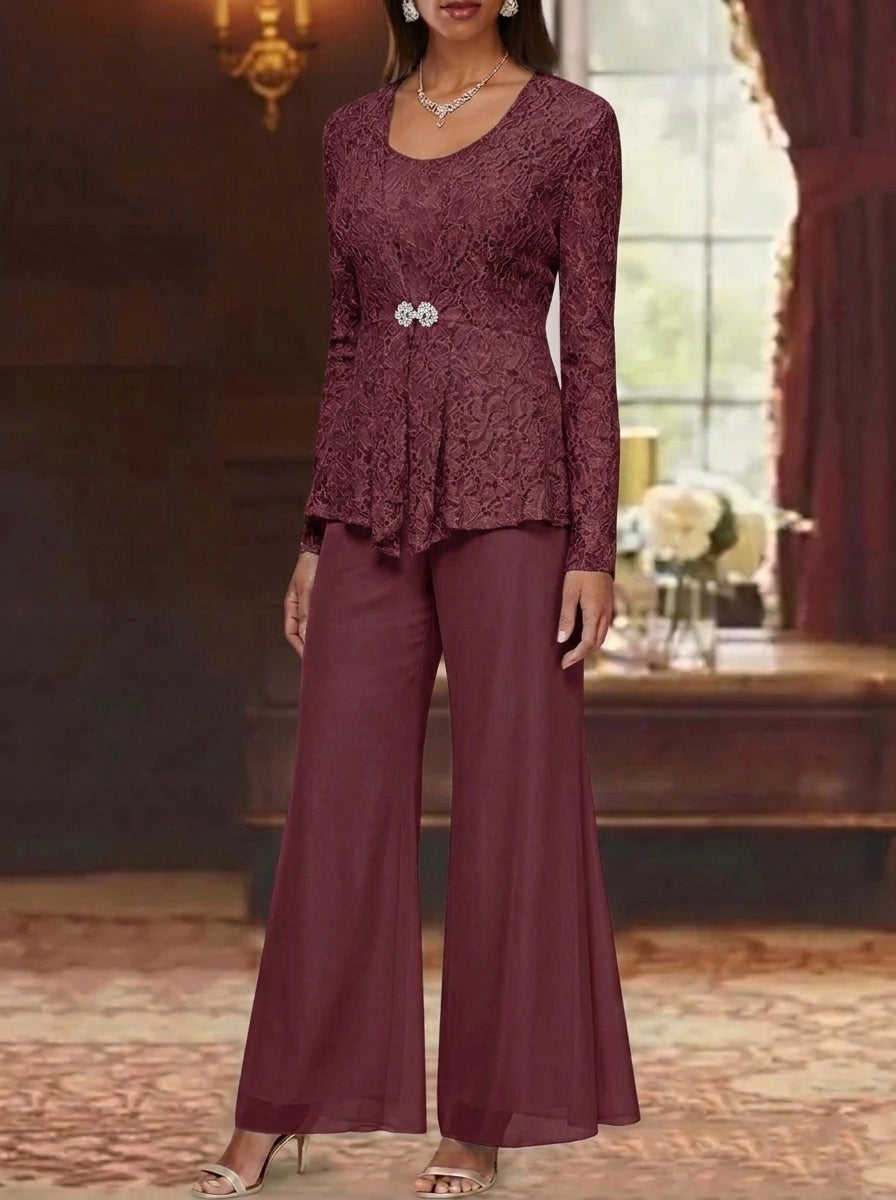 3 Pieces Scoop Lace Mother of the Bride Pantsuits with Jacket Long Sleeves Ankle-Length