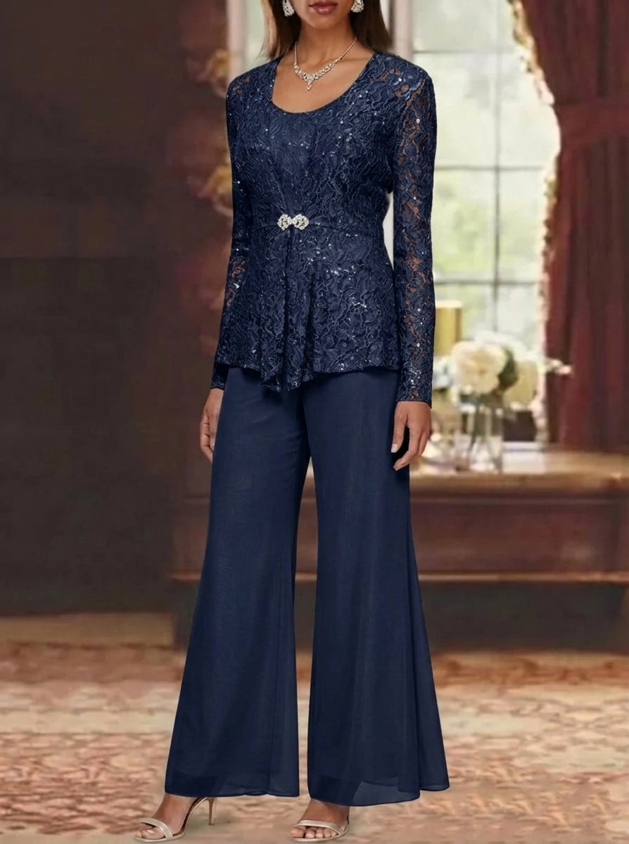 3 Pieces Scoop Lace Mother of the Bride Pantsuits with Jacket Long Sleeves Ankle-Length