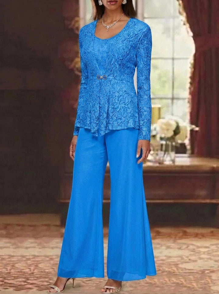 3 Pieces Scoop Lace Mother of the Bride Pantsuits with Jacket Long Sleeves Ankle-Length