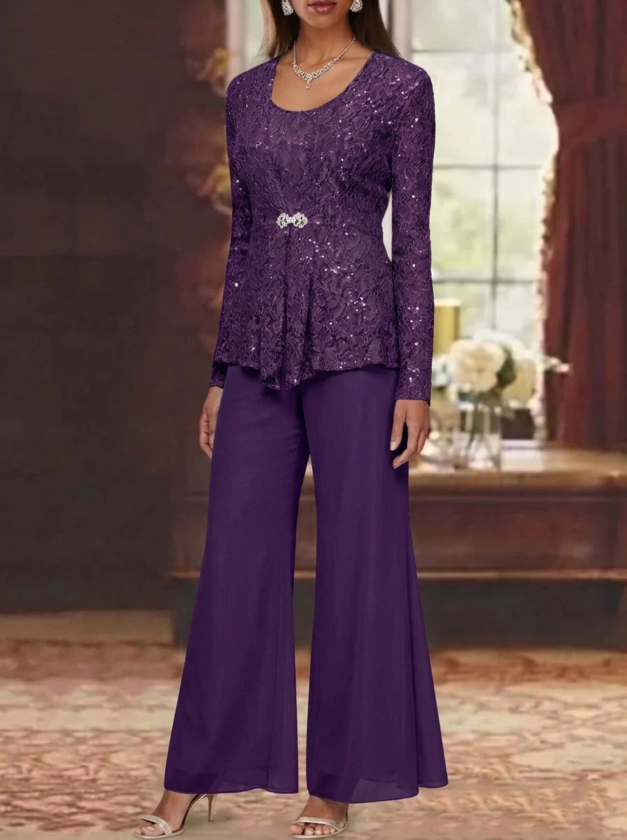 3 Pieces Scoop Lace Mother of the Bride Pantsuits with Jacket Long Sleeves Ankle-Length