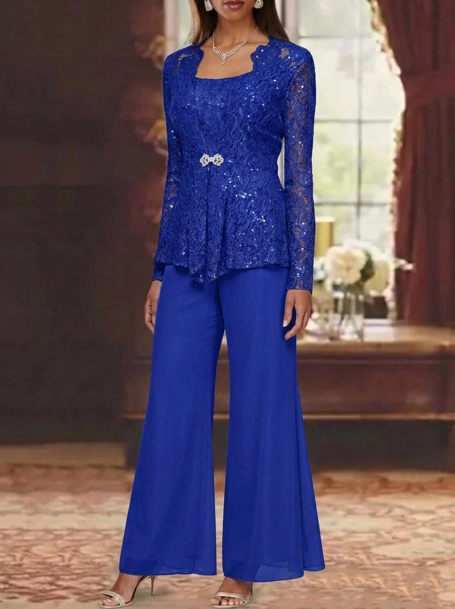 3 Pieces Scoop Lace Mother of the Bride Pantsuits with Jacket Long Sleeves Ankle-Length